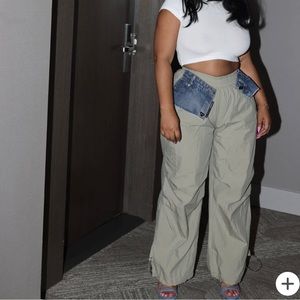 Women’s size large parachute pants with jean denim waist band in front